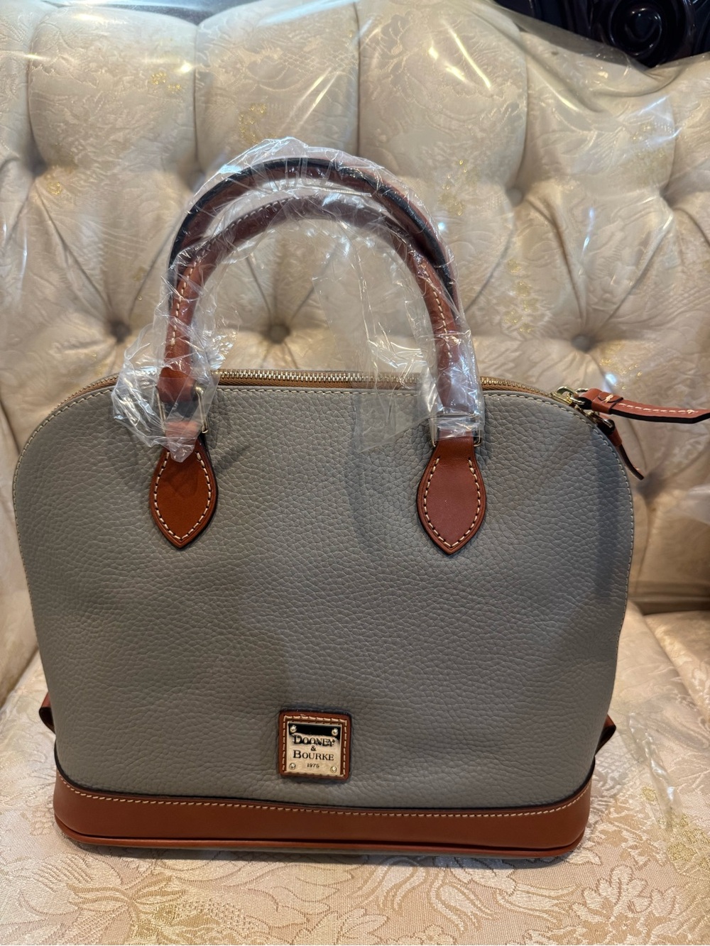Dooney & Bourke Gray Pebble Leather Satchel with Tan Trim
